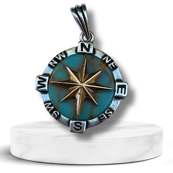 Stunning Gold Northstar Compass Pendant w/ Turquoise Accent - Unisex 925 Sterlin - Picture 4 of 8